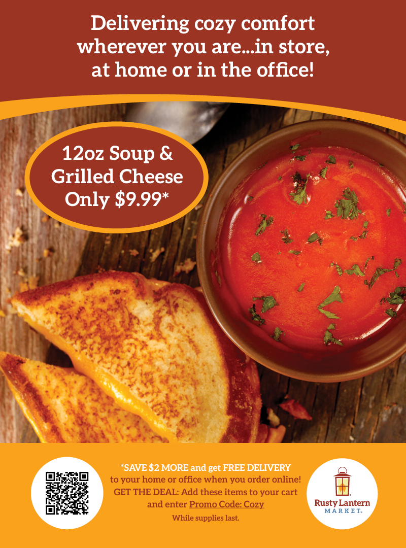 Cozy Comfort – 12oz Soup & Grilled Cheese Sandwich